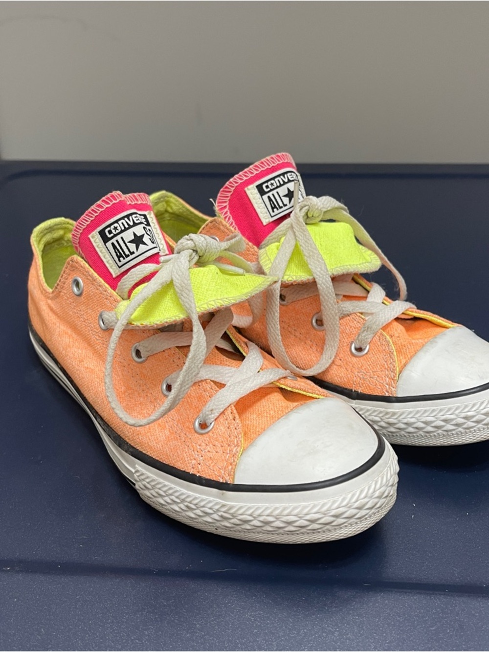 Converse Kids Low Top Sneakers - Neon Orange with Pink & Yellow Accents Sz 4Y